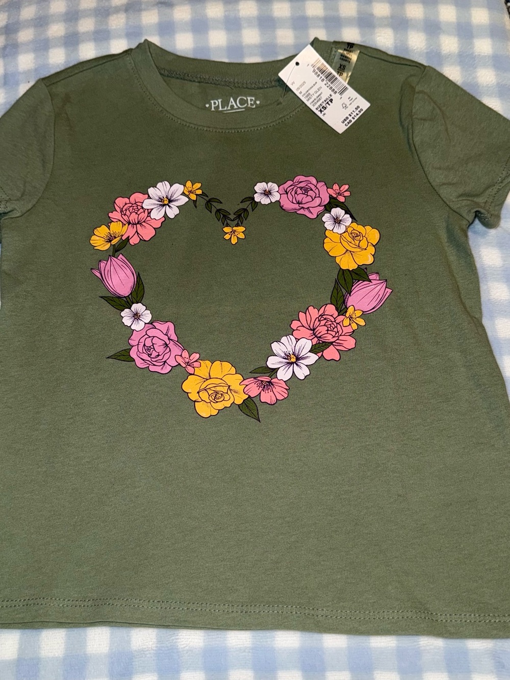 The Children’s Place Girls Size XS 4 New NWT Short Sleeve Shirt Heart Green TCP
